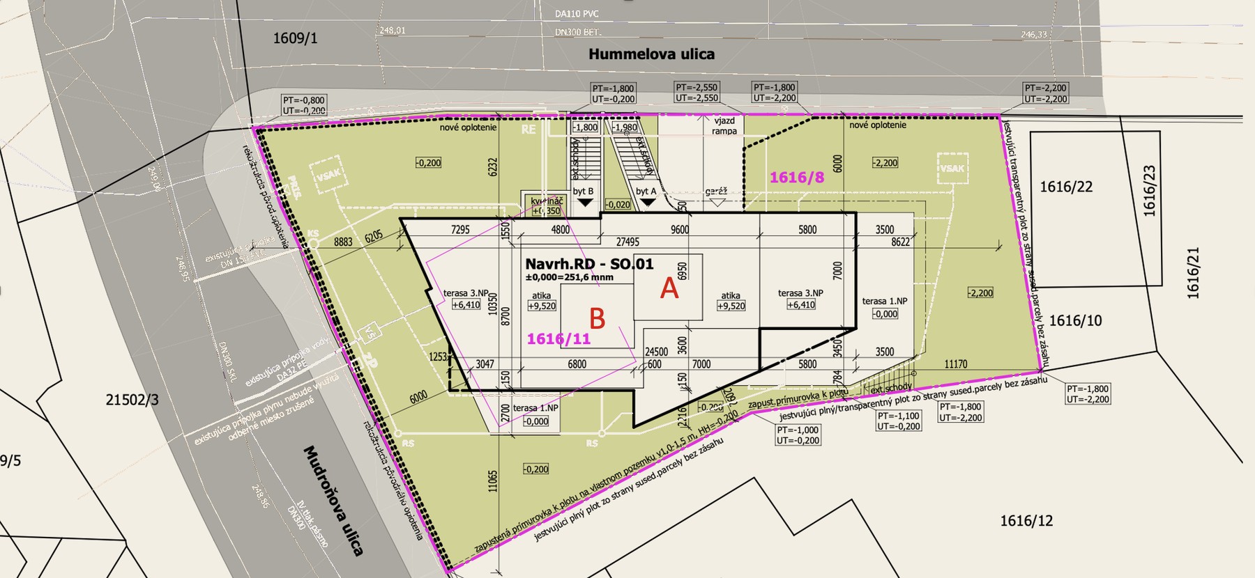 Situácia osadenia vily na pozemku na rohu Mudroňovej a Hummelovej ulice — Rezidencia A (parc. 1616/8) a Rezidencia B (parc. 1616/11)